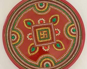 Gorgeous kundan n beads decorated red thali plate - red puja Thali plate - puja plate - red Large size thali plate - Diwali decor thali.