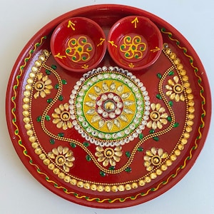 Gorgeous Authentic kundan red puja thali plate - red color - Premium quality - puja thali.