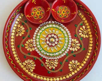 Gorgeous Authentic kundan red puja thali plate - red color - Premium quality - puja thali.