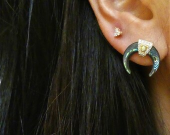 May include: Close-up of an ear with multiple earrings. A small stud earring is visible, alongside a curved, horn-shaped earring with a decorative top. A small, floral-shaped earring is also present.