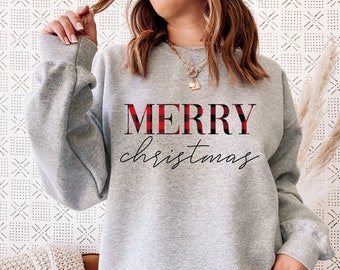 Plaid Merry Christmas Sweatshirt | Soft Women Christmas Crewneck | Holiday Sweater | Christmas Plaid Sweater | Buffalo Plaid Christmas Shirt