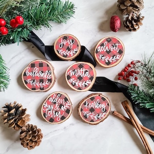 WOOD SLICE ORNAMENT, Rustic Christmas Ornament, Tree Ring Ornament, Red Buffalo Plaid Ornament, Christmas Decor, Hand Lettering