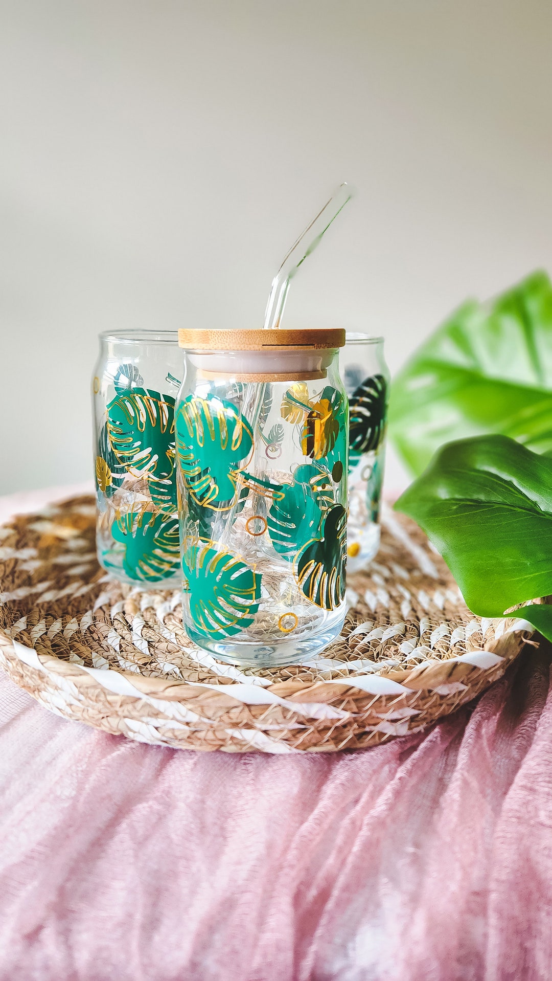 Monstera Glass Can Cup 16 Oz Glass Can Cup Beer Can Glass Aesthetic