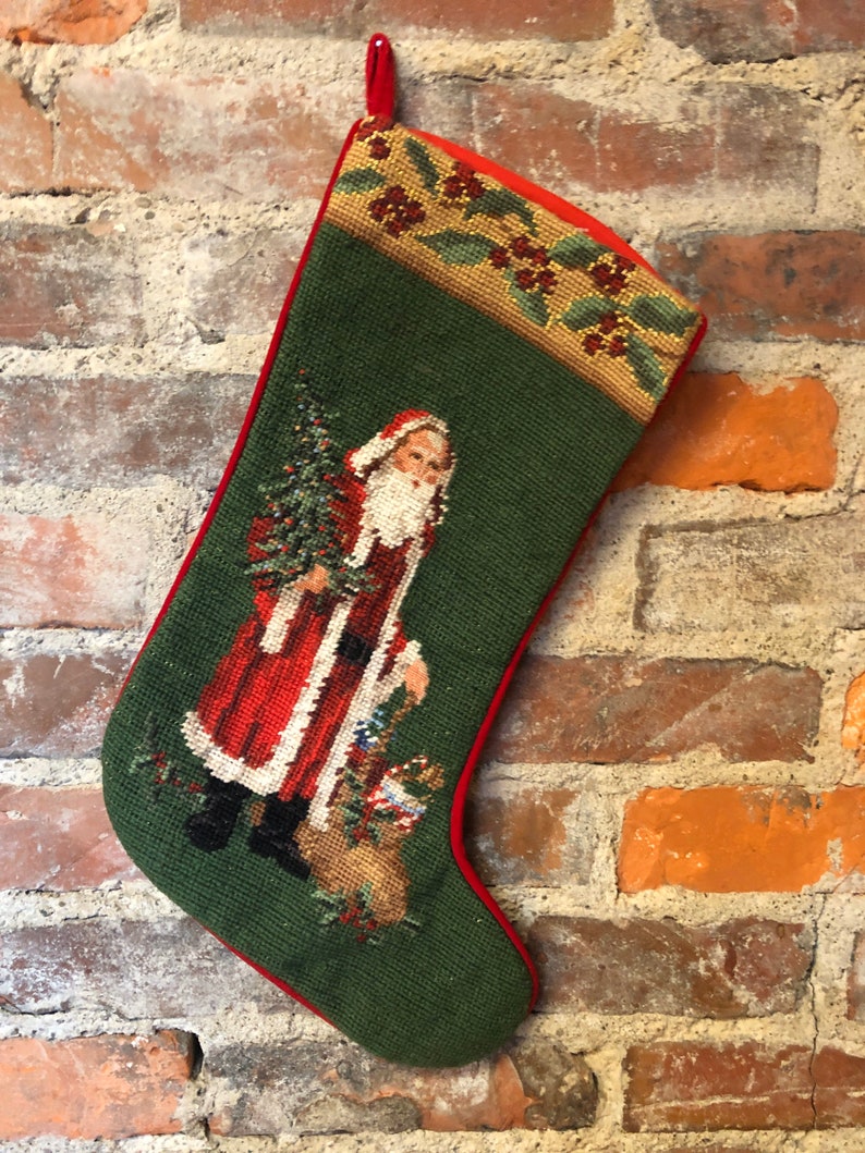 Vintage Needlepoint Wool Christmas Stocking Old World Santa Etsy