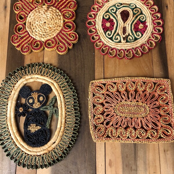 Vintage Woven Raffia Trivet Set: Boho Folk Art Hot Pads