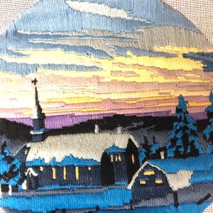 Vintage 80s Long-Stitch Crewel Embroidery Needlepoint Village Church Wm Briggs
