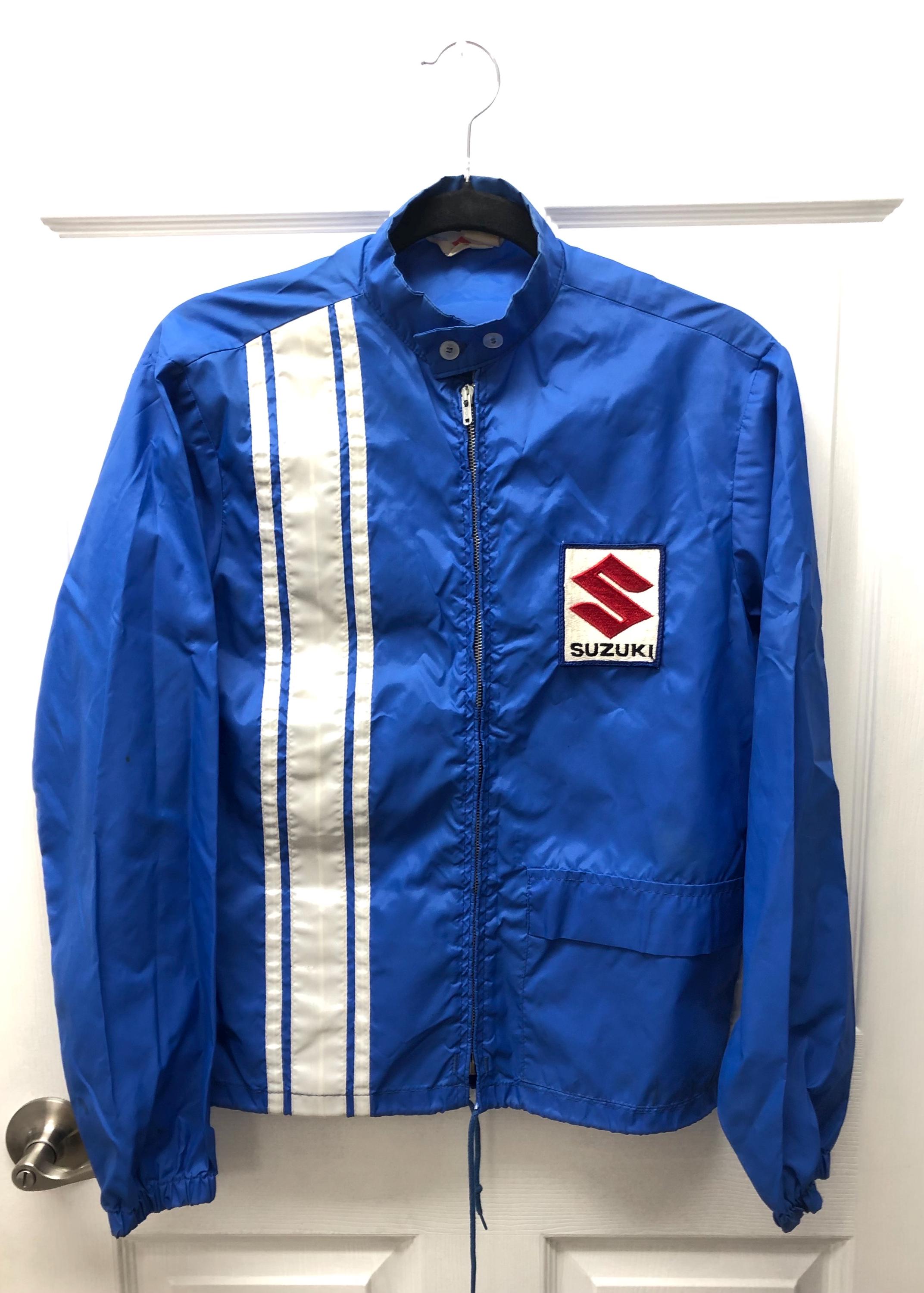Vintage 70s Suzuki Windbreaker Jacket: Blue Nylon, Patches (x