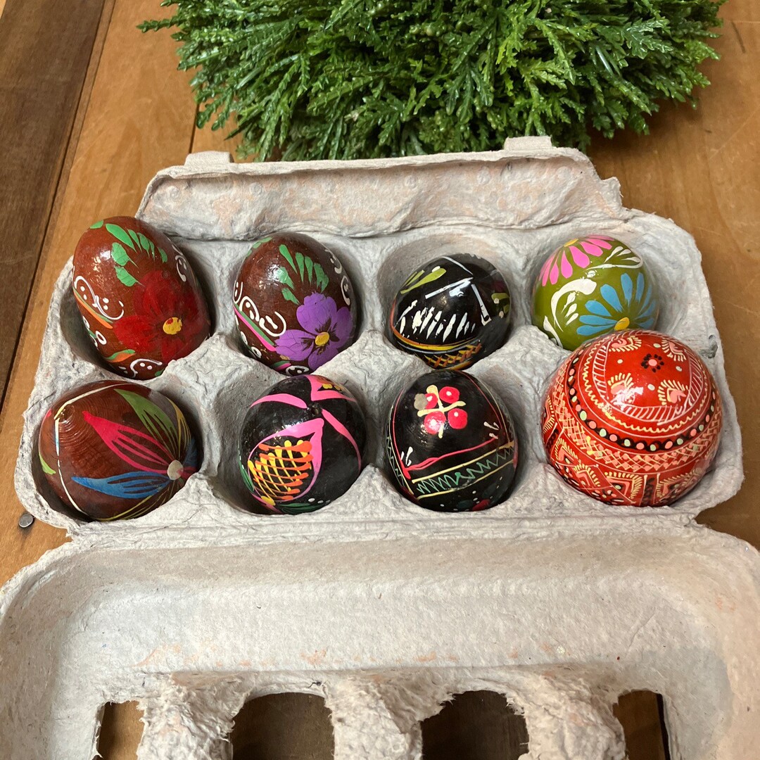 Hand Painted Wood Easter Eggs 8 Vintage Wooden Egg Art Etsy