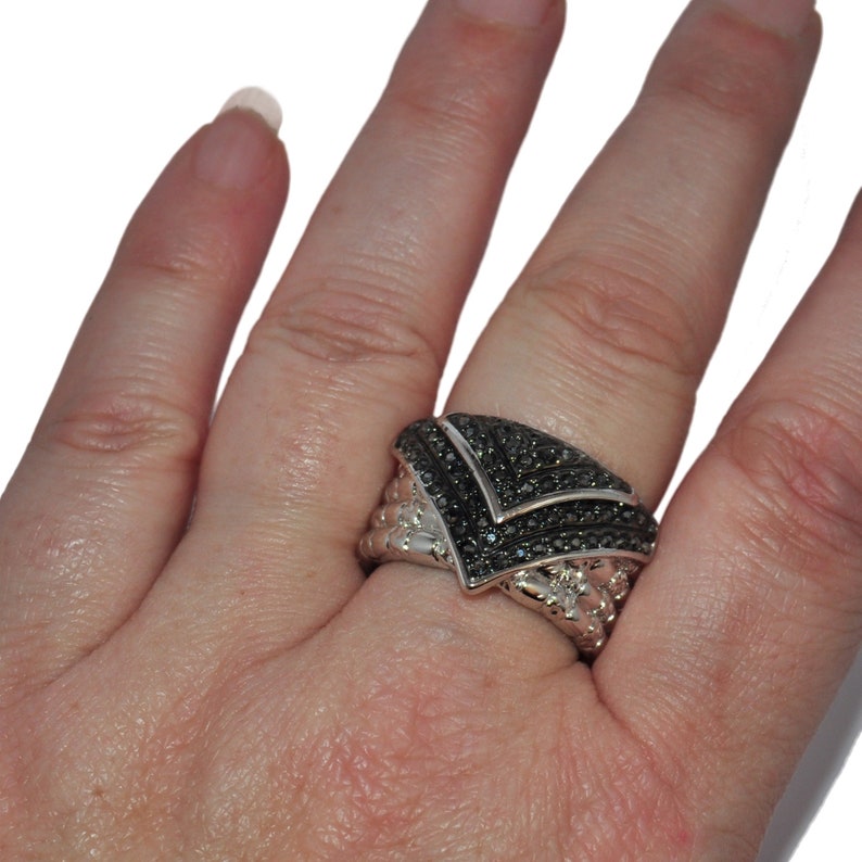 Large original ring plated silver rhodi\u00e9 black crystal T 56 jewel