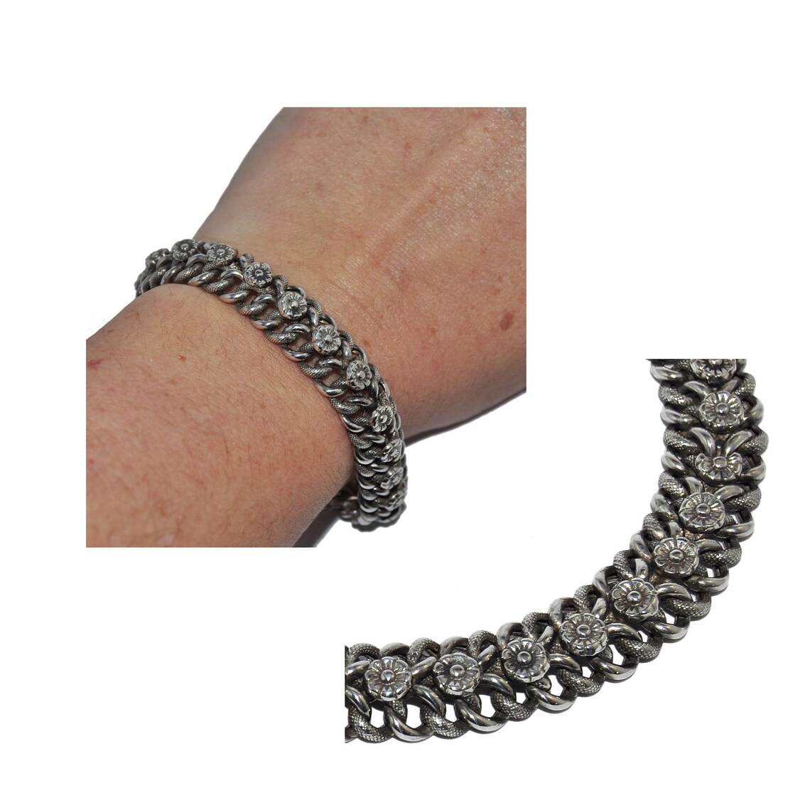 Bracelet ancien en argent massif 925 belle maille petite fleur Etsy