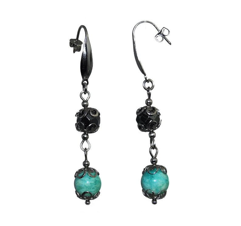 ZEEO steel silver jewelry green Amazonite and Hematite earrings