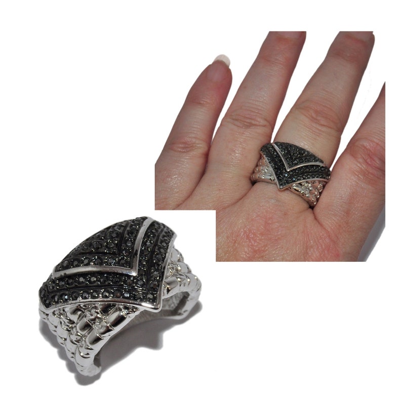 Large original ring plated silver rhodi\u00e9 black crystal T 56 jewel