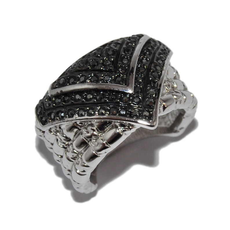 Large original ring plated silver rhodi\u00e9 black crystal T 56 jewel