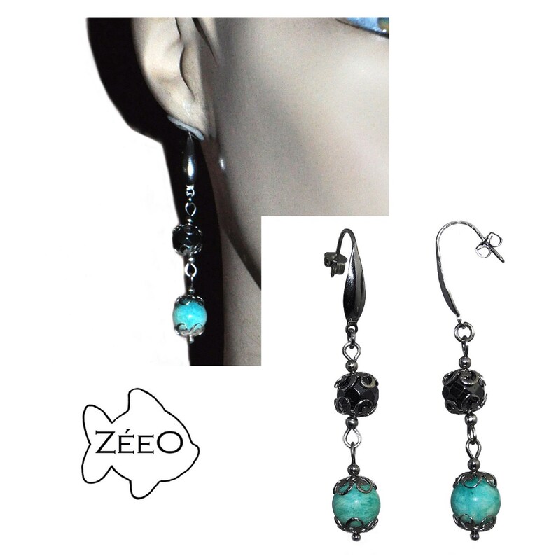 ZEEO steel silver jewelry green Amazonite and Hematite earrings