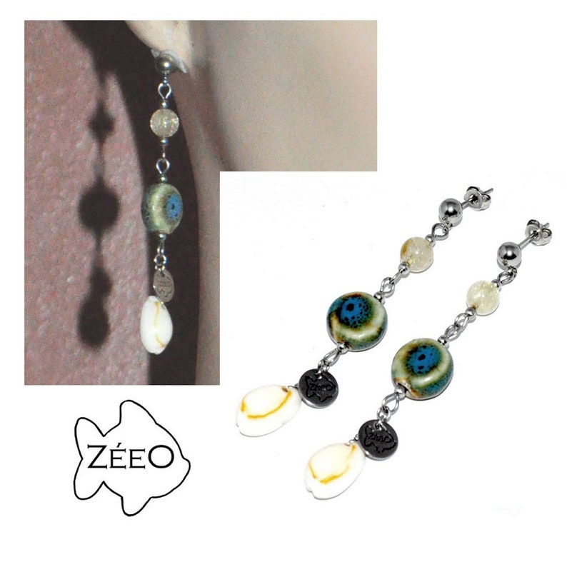 ZEEO Long earrings steel quartz rutile seashell ceramic jewel