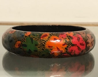 VTG 70’s 80’s Handmade Vintage Indian Hand Carved Painted Tropical Floral Hippie Boho Wooden Chunky Bangle Cuff Bracelet Jewelry One Size