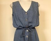 VTG 80 s 90 s Faded Glory Designer Vintage Hippie Boho Denim Jean Blouson Button Up Down Cinched Drop Tie Waist Shirtdress Shirt Sun Dress