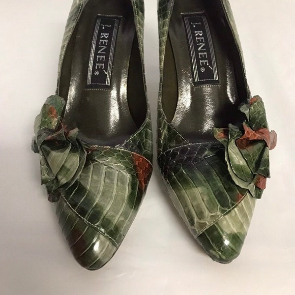 VTG 80’s 90’s J Reneé Designer Green Brown Multicolor Snakeskin Lizard Bow Camo Camouflage Pointed Toe Classic High Heel Pumps Shoes Size 5