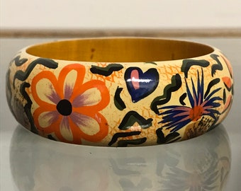 VTG 70’s 80’s Handmade Vintage Indian Hand Carved Painted Tropical Floral Hippie Boho Wooden Chunky Bangle Cuff Bracelet Jewelry One Size