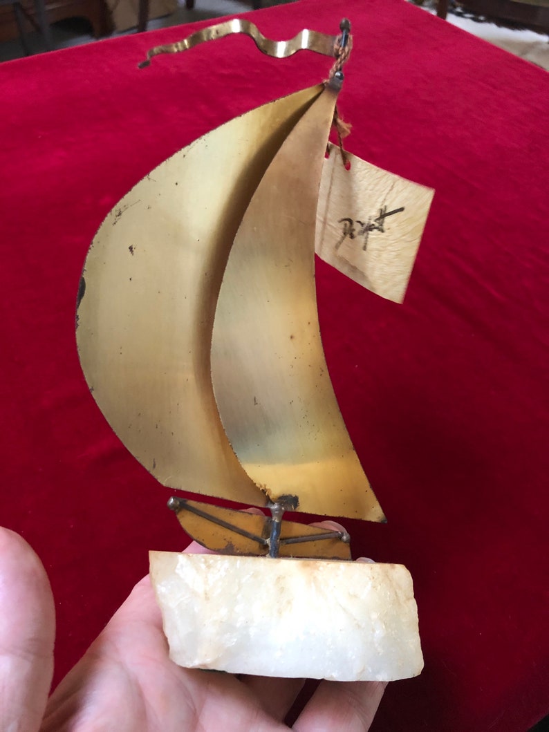 1975 DeMott of California Original Brass Copper and Onyx Sailboat 8.75\u201d High