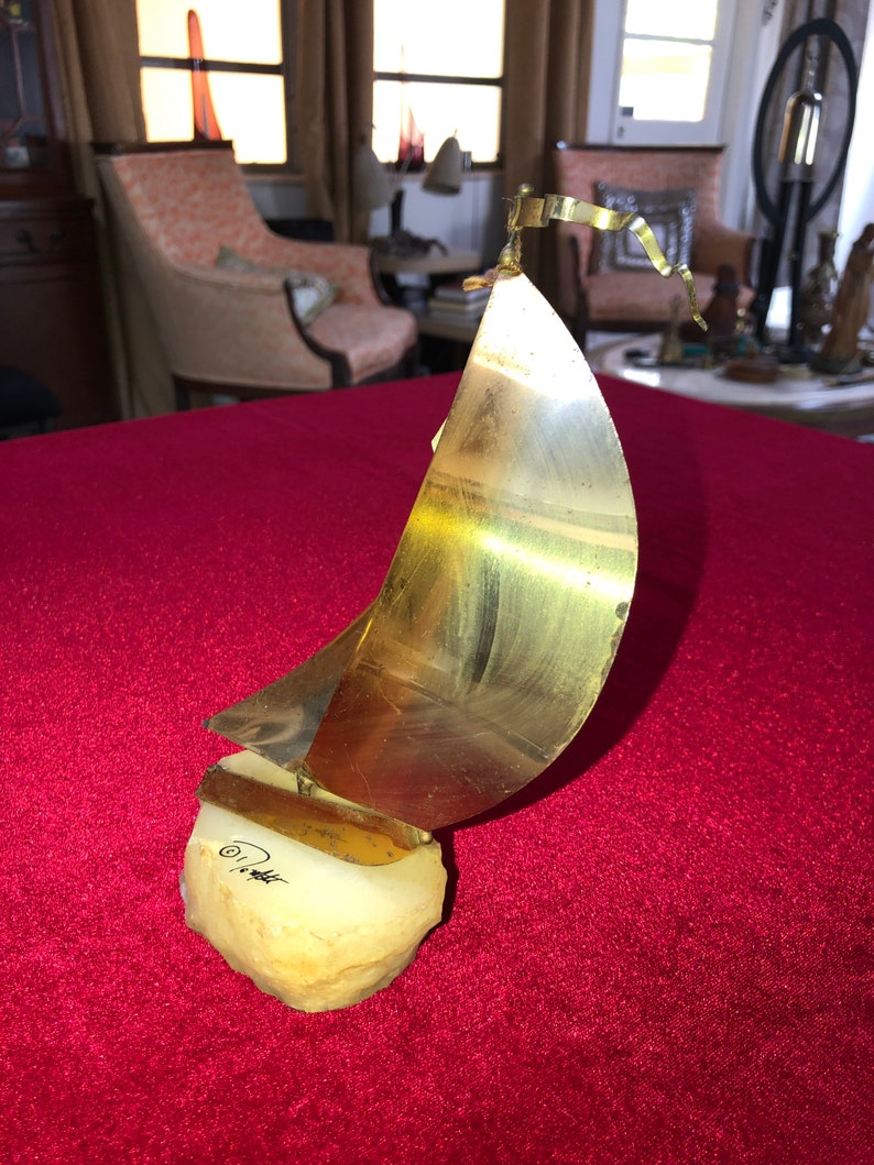 1975 DeMott of California Original Brass Copper and Onyx Sailboat 8.75\u201d High