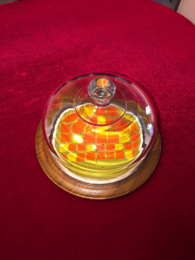 Vintage Round Wood /& Tile Cheese Tray with Glass Dome Top 8 W