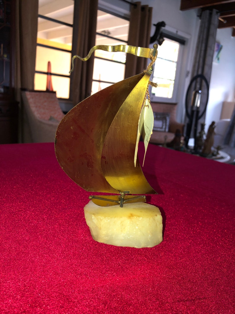 1975 DeMott of California Original Brass Copper and Onyx Sailboat 8.75\u201d High