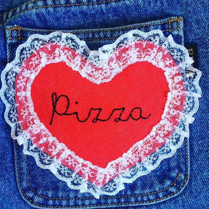 Pizza Denim and Lace hand embroidered Sew on patch/badge image 1