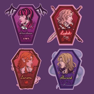 May include: Four coffin-shaped illustrations featuring characters with side profiles. Each coffin is a different color and has a character's name written in cursive. The characters include Draculaura, Lestat, Lenore, and Alucard.