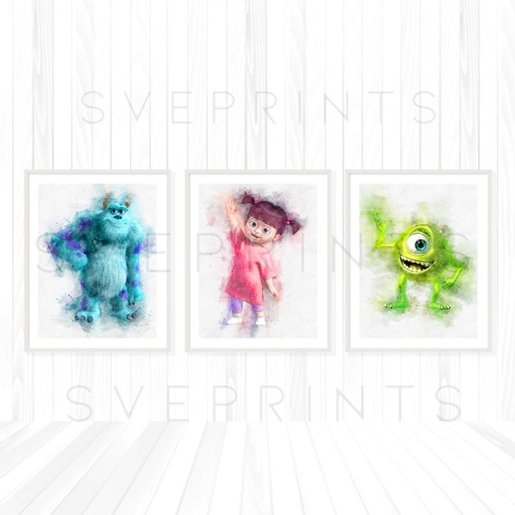 Monsters Inc Print Set Of 3 Monsters Inc Poster Nursery Wall Art Kids Room Decor Disney Watercolor Baby Shower Wall Decor Birthday S197