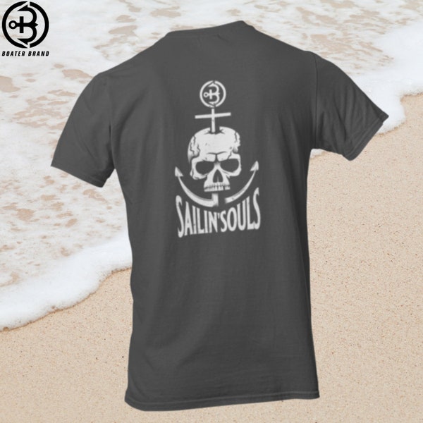 Dark Gray T-Shirt / Tee with Sailin' Souls Skull Graphic Design and Boater Brand Logo