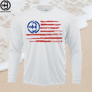 Long Sleeve UV Protection T-Shirt / Tee in Red, White, and Blue with American Flag and Boater Brand Logo