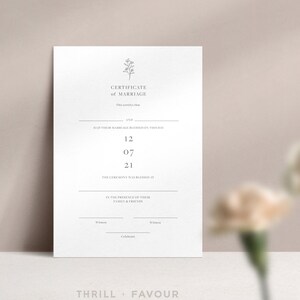 Plantilla de certificado de matrimonio minimalista para ceremonia de celebración de boda, imprimibles de descarga instantánea (tamaños carta estándar de EE. UU. y A4)