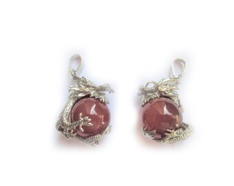 Garnet Dragon Earrings ~ Red Garnet Stones ~ Welsh Dragon Tibetan Charm