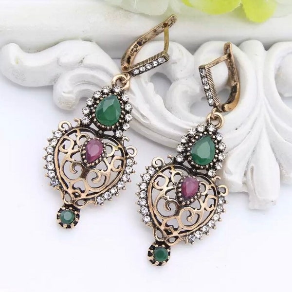 Earrings for Women Vintage Turkish Women Hollow Flower Round Resin Long Antique Gold Color Hook Ethnic Jewelry Algeria Bridal Gift