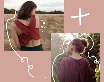 duet. Lavender and blueberry. Sewing patterns, two tops revealing the back - beginner - FRANCAIS/ENGLISH
