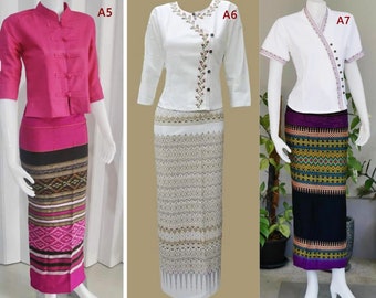 Ensemble chemise et jupe traditionnelles thaïlandaises Hilltribe pour femme, coton tissé à la main, tissu brocart thaïlandais, robe de travail paréo thaïlandais
