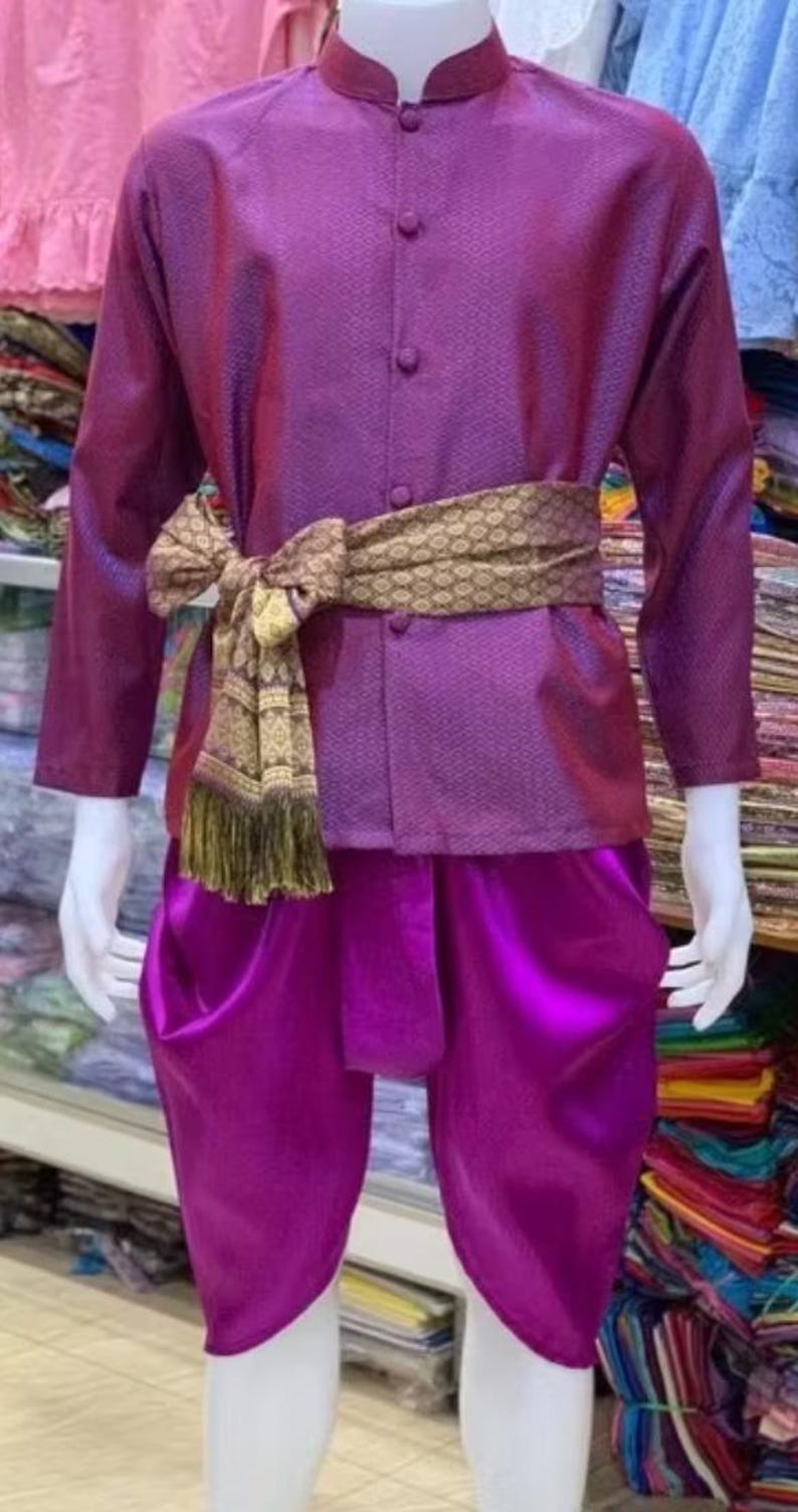 Thai Traditional Vintage T-Shirt for Men Silk Shirt Lanna Shirt. image 9