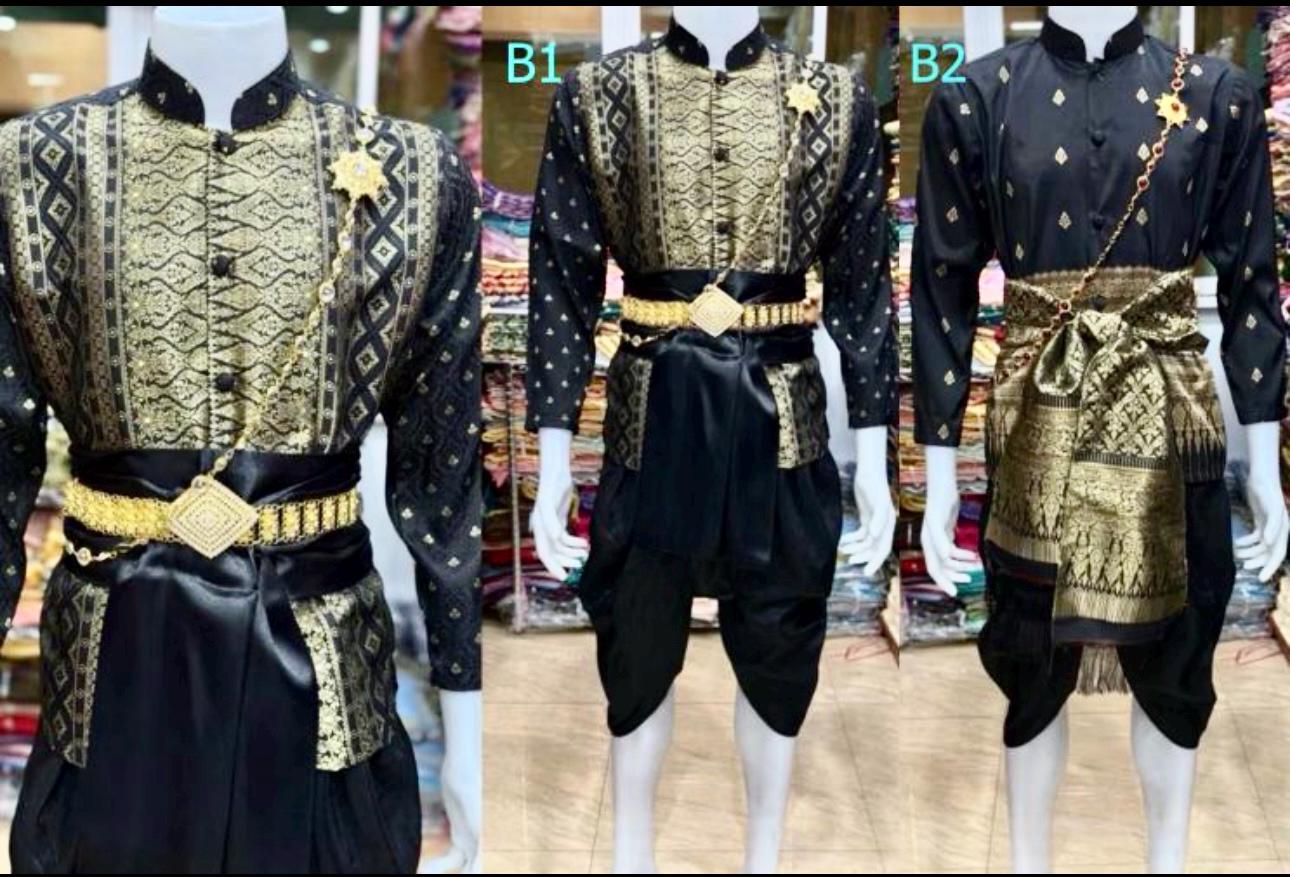 Set of Thai Traditional khmer traditional Vintage T-Shirt for Men Silk Shirt Shawl.