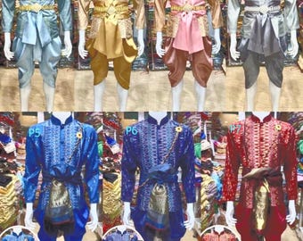 Set of Thai Traditional khmer traditional Vintage T-Shirt for Men Silk Shirt Shawl.