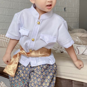 Set of Thai Traditional Vintage Sabai Shirt & Pants for Kids
