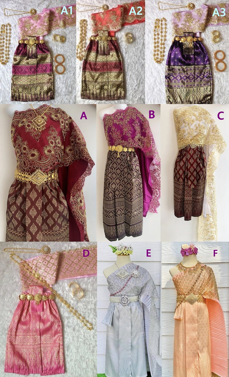 May include: Six different traditional Thai outfits for girls, each with a different colour scheme and design. The outfits include a long skirt, a top, and a sash. Some outfits also include a shawl or a necklace.