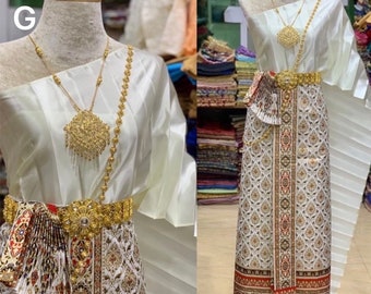 Zestaw tajskiej tradycyjnej koszuli i spódnicy Sabai w stylu vintage, tajski taniec, tajska sukienka, tajskie wesele, druhna