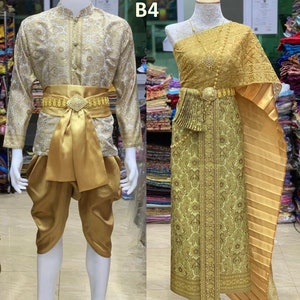 タイの伝統的なビンテージドレス、ウェディングドレス、Chut Thai パーティーの男性と女性用セット。すぐに着用できます。