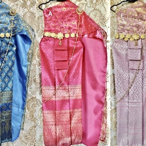 Set of Thai Traditional Vintage Sabai Shirt & skirt  for Kids Girl Parwa Silk