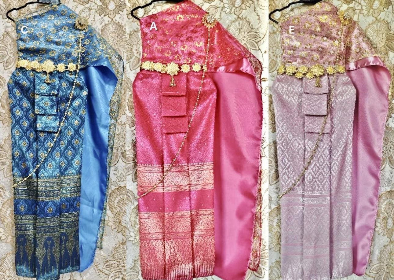 Set of Thai Traditional Vintage Sabai Shirt & skirt for Kids Girl Parwa Silk