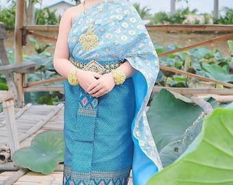 Set of Thai Traditional Vintage Sabai Shirt Skirt for Kids Girl