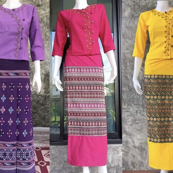 Set of Thai Hilltribe Traditional Shirt & Skirt Woman Hand-Woven Cotton, Thai brocade fabric Thai Sarong Working Dress