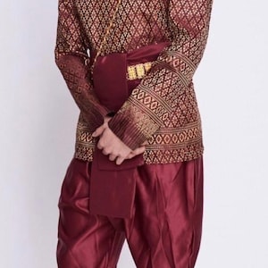 Set of Thai Traditional Vintage T-Shirt for Men Silk Shirt.