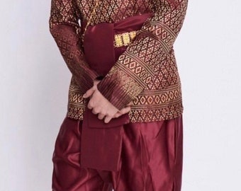 Set of Thai Traditional Vintage T-Shirt for Men Silk Shirt.